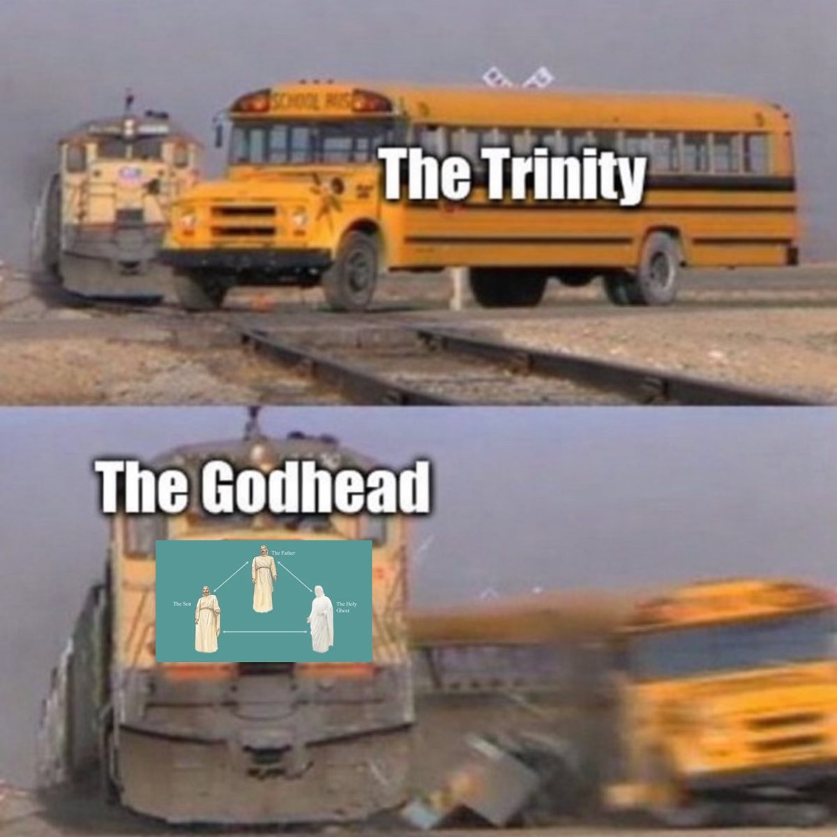 Two-panel meme. Top: a yellow school bus labeled "The Trinity" sits on railroad tracks as a train approaches from the left. Bottom: the train, labeled "The Godhead" and carrying a small diagram of the Father, the Son and the Holy Ghost on its front, slams into the blurred bus.