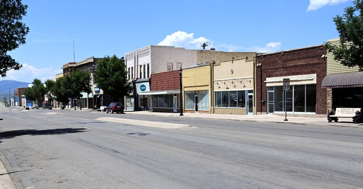 Main Street in downtown Montpelier, Idaho, with brick storefronts
